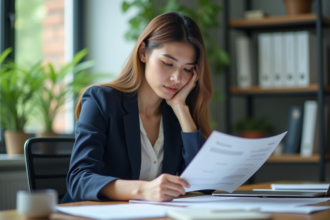 Jeune femme en bureau avec blazer navy et documents
