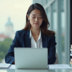 Jeune femme en bureau avec ordinateur et livres de comptabilite