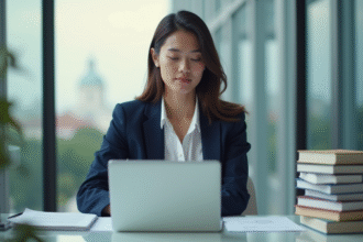Jeune femme en bureau avec ordinateur et livres de comptabilite