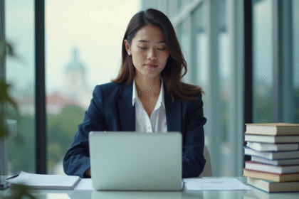Jeune femme en bureau avec ordinateur et livres de comptabilite