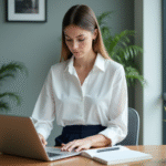 Jeune femme professionnelle travaillant sur un ordinateur dans un bureau moderne