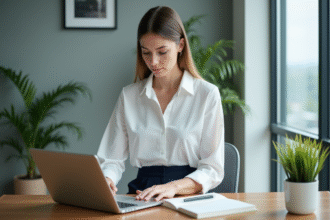 Jeune femme professionnelle travaillant sur un ordinateur dans un bureau moderne