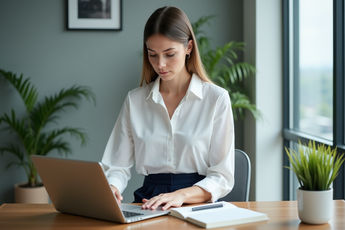 Jeune femme professionnelle travaillant sur un ordinateur dans un bureau moderne