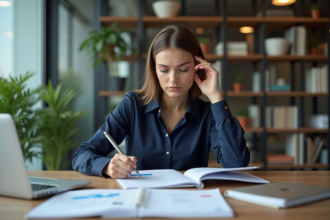 Jeune femme au bureau examinant une checklist de formation