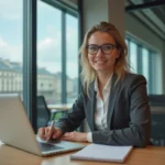 Jeune femme au bureau travaillant sur son ordinateur à Paris