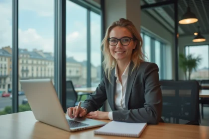Jeune femme au bureau travaillant sur son ordinateur à Paris