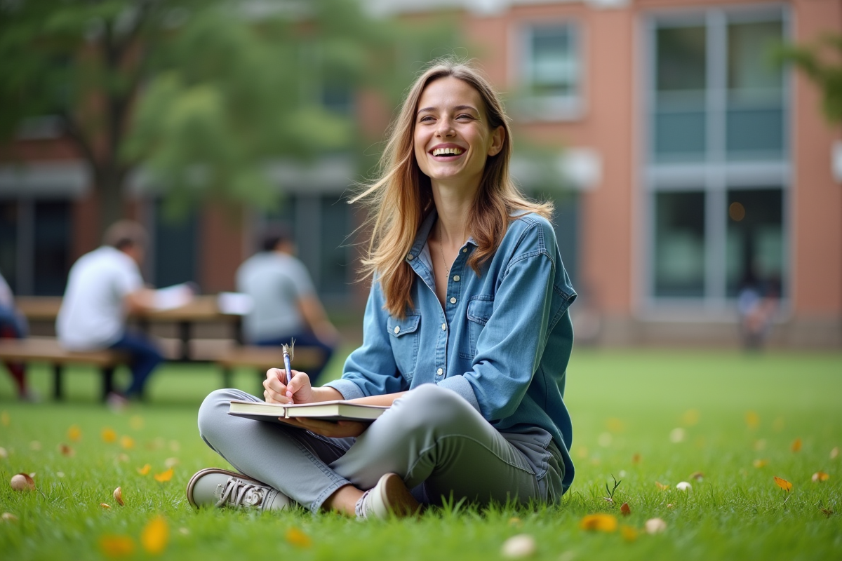 Jeune femme souriante lisant dans un campus extérieur