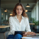 Jeune femme en blouse blanche travaillant sur une tablette dans un espace coworking parisien