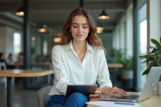Jeune femme en blouse blanche travaillant sur une tablette dans un espace coworking parisien