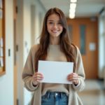 Jeune femme souriante avec un diplôme dans un université moderne