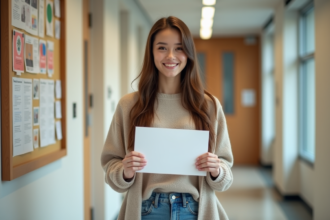 Jeune femme souriante avec un diplôme dans un université moderne