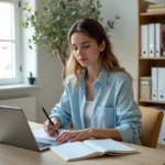 Jeune femme travaillant dans son bureau lumineux