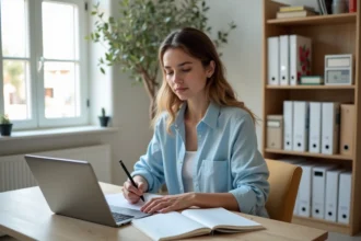 Jeune femme travaillant dans son bureau lumineux