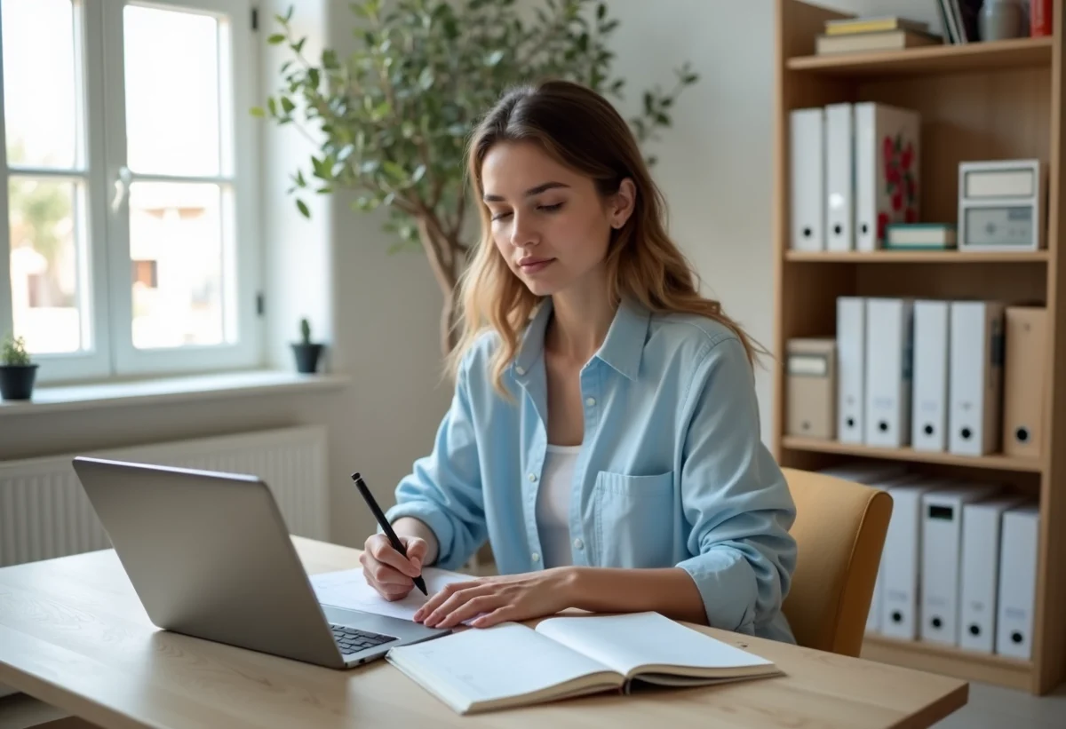 Jeune femme travaillant dans son bureau lumineux