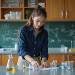 Jeune femme en laboratoire arrangeant des béchers