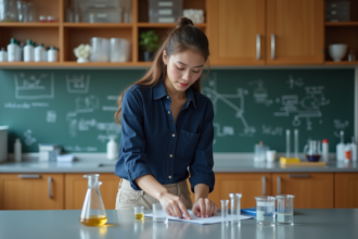 Jeune femme en laboratoire arrangeant des béchers