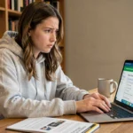 Jeune femme révisant le code de la route sur un ordinateur portable avec un livre de conduite ouvert à côté d'elle