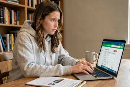 Jeune femme révisant le code de la route sur un ordinateur portable avec un livre de conduite ouvert à côté d'elle
