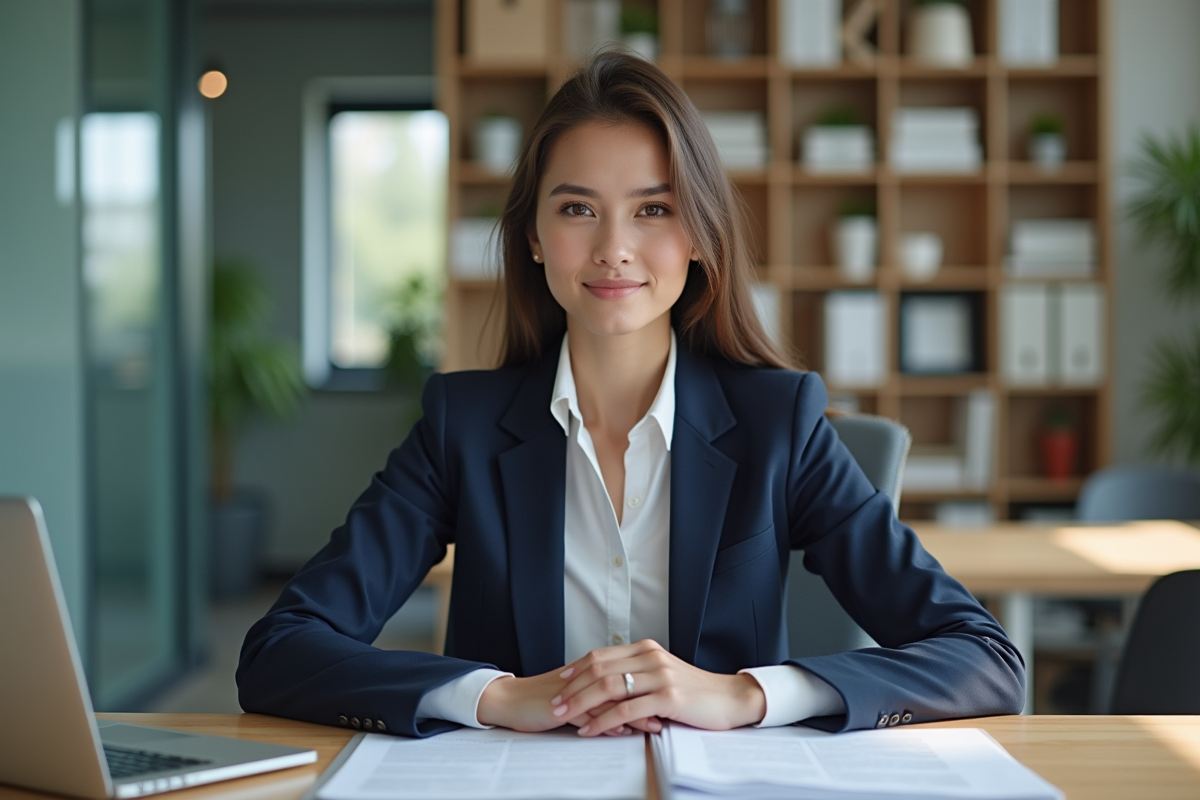 Jeune femme en costume dans un bureau moderne