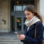 Jeune femme avec manteau et écharpe devant Mail Académie Rouen