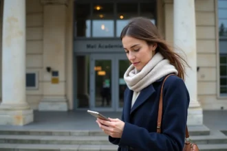 Jeune femme avec manteau et écharpe devant Mail Académie Rouen