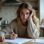 Jeune femme concentrée lors d'un test de mémoire à la maison