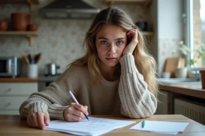 Jeune femme concentrée lors d'un test de mémoire à la maison