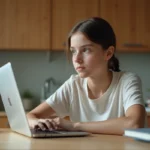 Jeune fille de 17 ans utilisant un ordinateur dans la cuisine