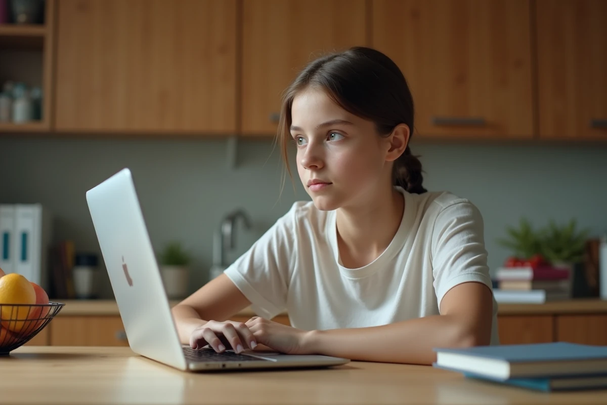 Jeune fille de 17 ans utilisant un ordinateur dans la cuisine