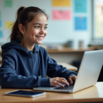 Jeune fille en hoodie bleu utilisant un ordinateur en classe