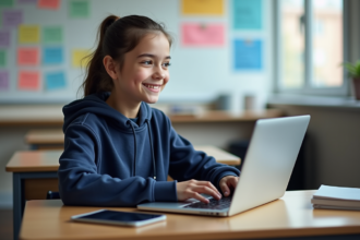 Jeune fille en hoodie bleu utilisant un ordinateur en classe