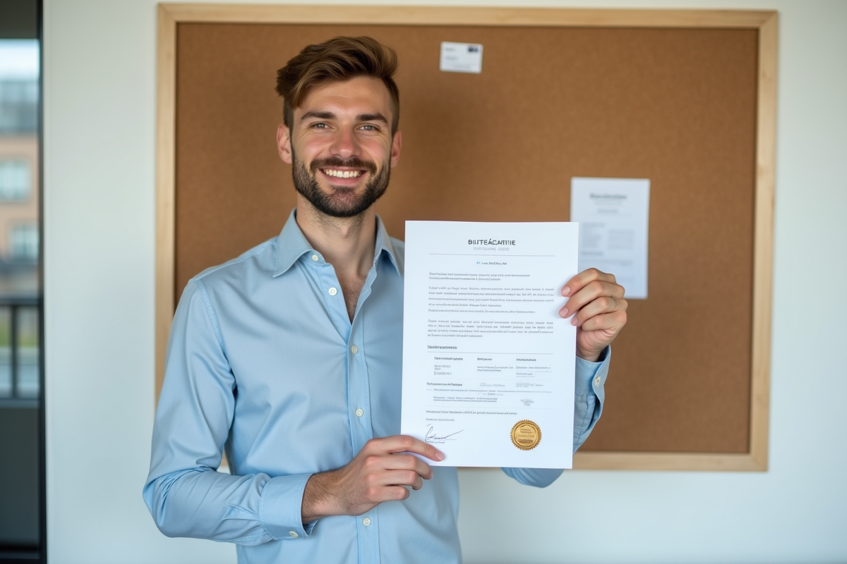 Jeune homme montrant son CV avec sceau bilitteratie dans un espace de coworking