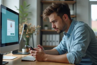 Jeune homme en bureau moderne consulte son smartphone face à un écran d'ordinateur