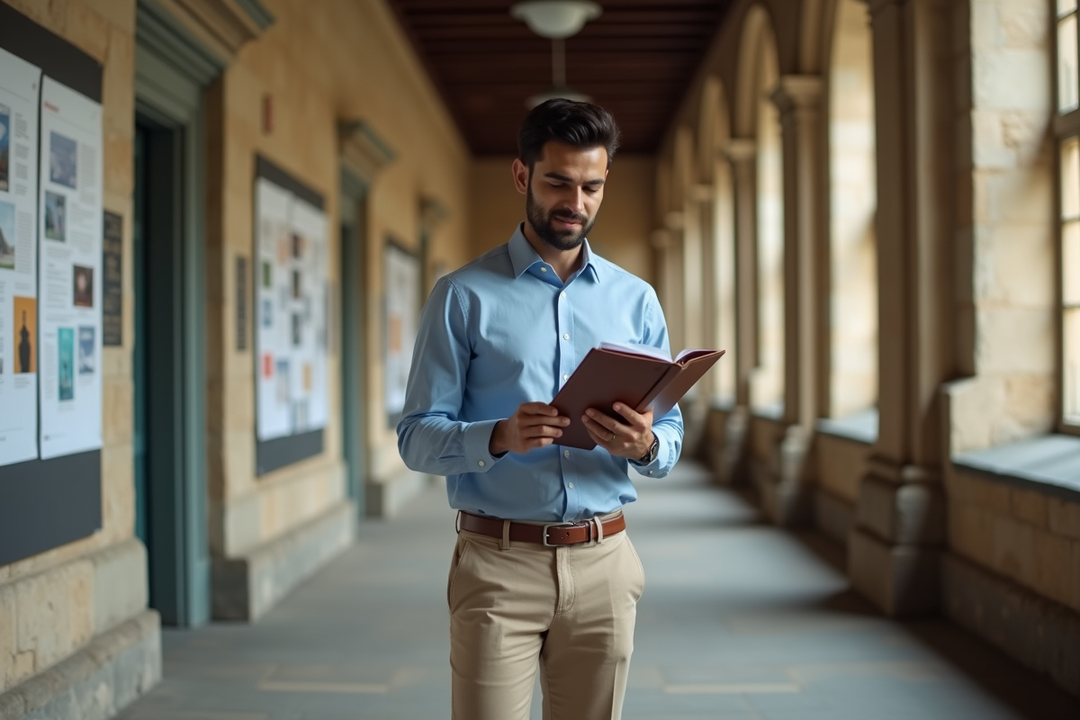 Jeune homme dans un couloir universitaire