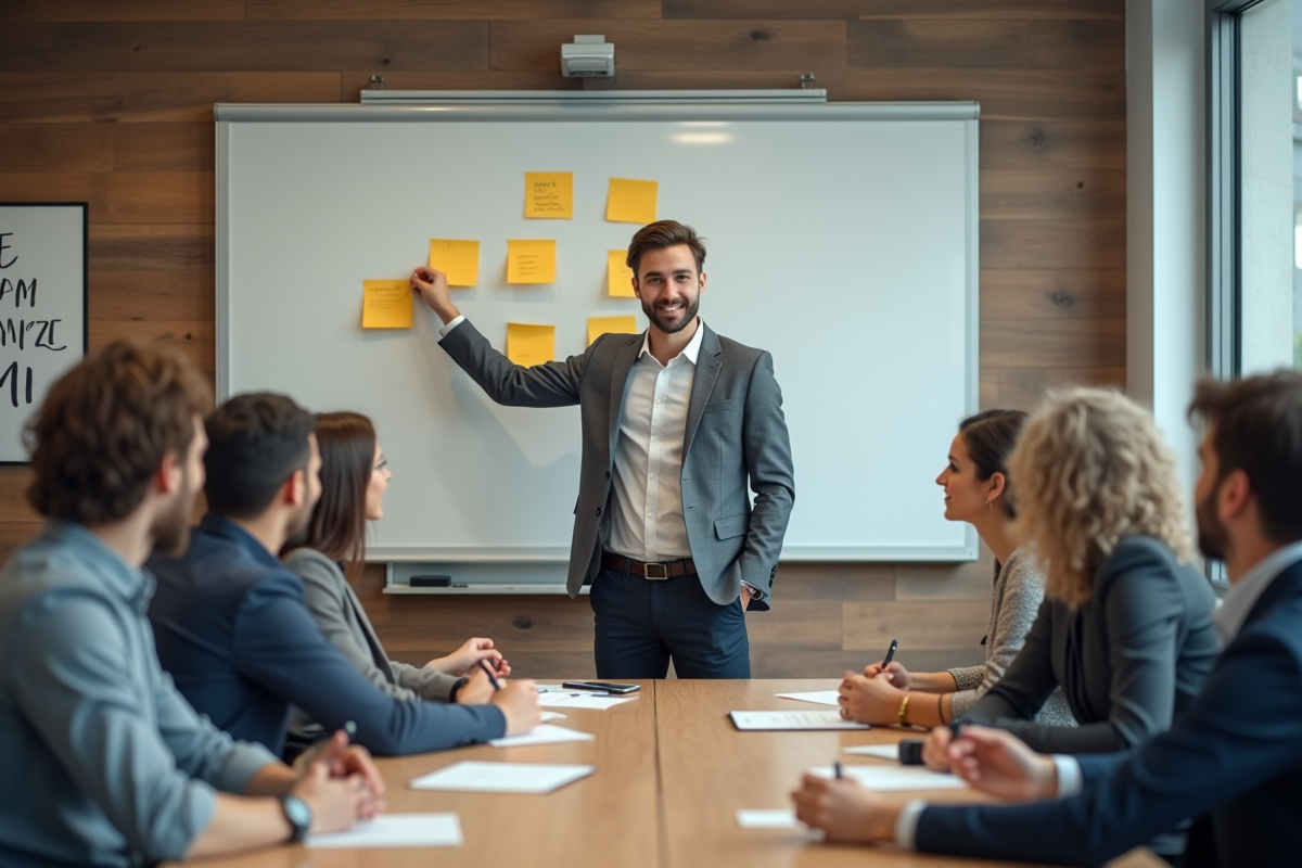Jeune homme collant une note sur un tableau blanc en réunion