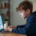 Jeune garçon concentré sur son ordinateur dans un intérieur moderne