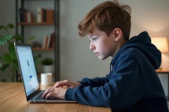 Jeune garçon concentré sur son ordinateur dans un intérieur moderne