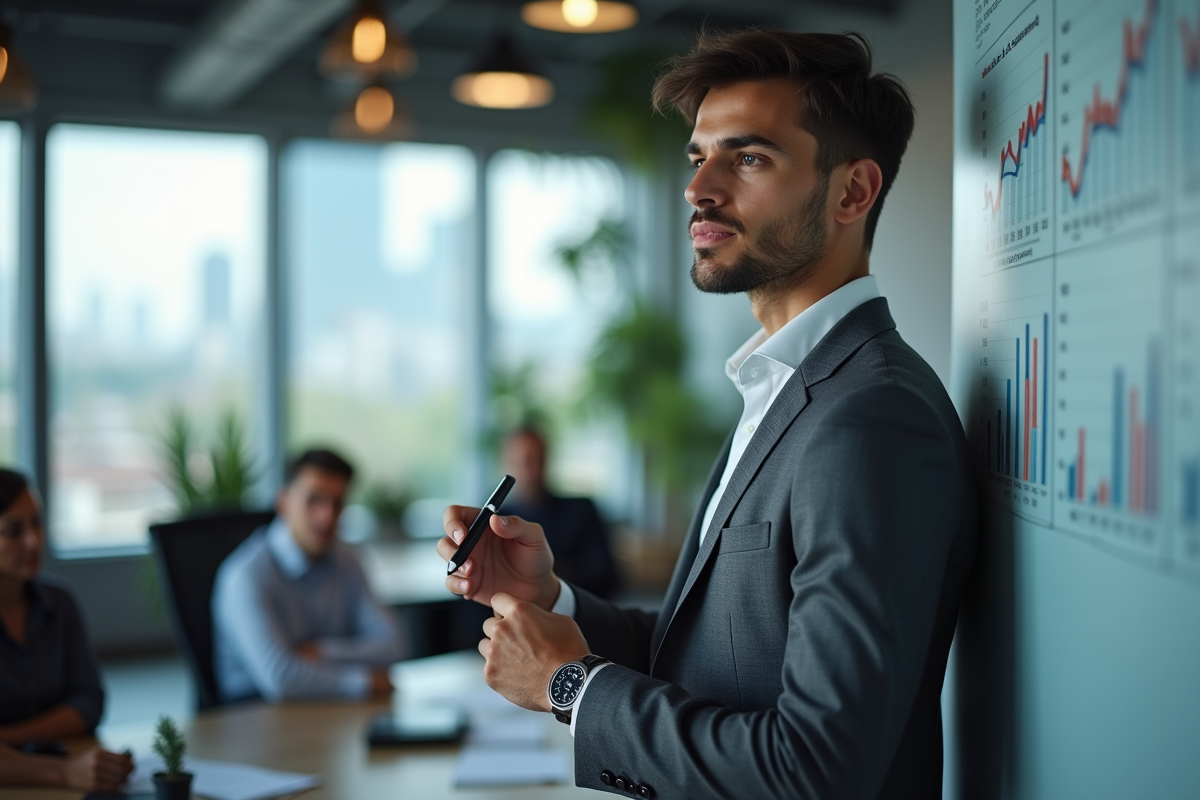 Jeune homme en costume présentant des données dans un bureau moderne