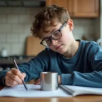 Adolescent mesurant un cylindre en cuisine pour un projet