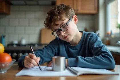 Adolescent mesurant un cylindre en cuisine pour un projet