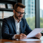 Jeune homme en costume examine des documents dans un bureau moderne
