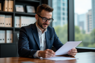 Jeune homme en costume examine des documents dans un bureau moderne