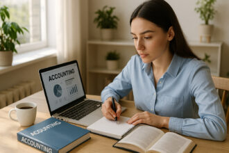Jeune professionnel étudiant la comptabilite en ligne dans un espace lumineux