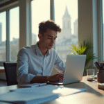 Jeune professionnel travaillant sur un ordinateur portable dans un bureau moderne à Paris