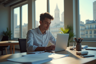 Jeune professionnel travaillant sur un ordinateur portable dans un bureau moderne à Paris