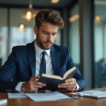Jeune homme en costume étudiant un livre CFA dans un bureau moderne