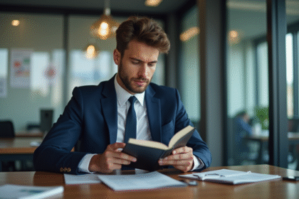 Jeune homme en costume étudiant un livre CFA dans un bureau moderne
