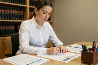 Juriste annotant une fiche d'arrêt juridique sur un bureau recouvert de documents légaux dans un cabinet professionnel