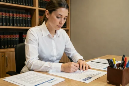 Juriste annotant une fiche d'arrêt juridique sur un bureau recouvert de documents légaux dans un cabinet professionnel