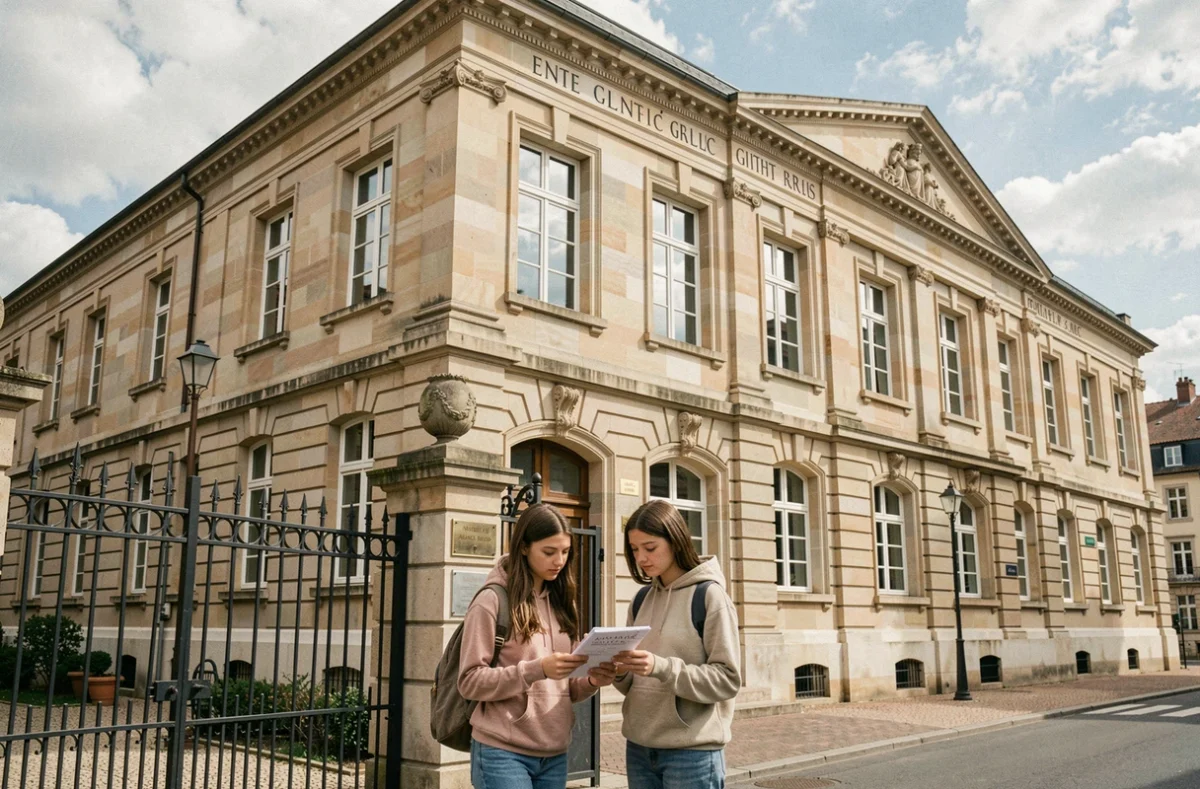 Façade du lycée Émilie de Rodat à Toulouse avec deux élèves devant l'entrée